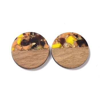 Transparent Resin & Walnut Wood Pendants, with Gold Foil, Flat Round Charm, PeachPuff, 28x3mm, Hole: 2mm