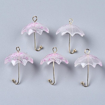 Printed Acrylic Pendants, with Golden Plated Brass Findings, 3D Umbrella with Flower Pattern, Plum, 22~24x18x18mm, Hole: 1.2~1.8mm