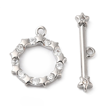 Brass Pave Clear Cubic Zirconia Toggle Clasps, Star, Real Platinum Plated, Ring: 15x13x2mm, Hole: 1.2mm, Bar: 20x4.5x2mm, Hole: 1.2mm