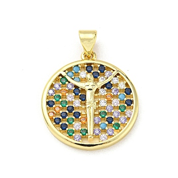 Brass with Cubic Zirconia Pendant, Round, Colorful, 22x20x2.9mm, Hole: 5x3.5mm