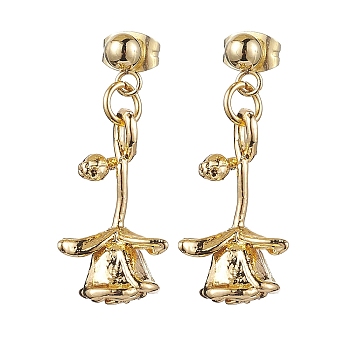 Flower Brass Dangle Earrings, 304 Stainless Steel Stud Earring for Women, Golden, 29x11.5mm