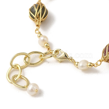 Natural Pearl & Mixed Stone Round Link Bracelets(BJEW-C051-33G)-3