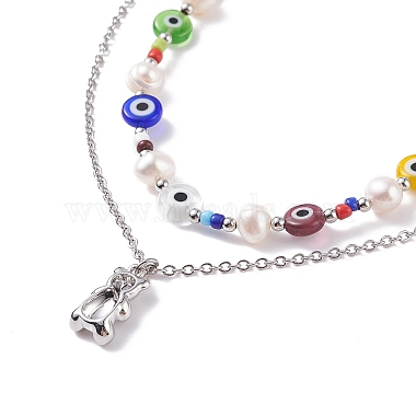2 Stück 2 Stil Perlenketten mit Naturperlen und bösen Augen mit Bärenanhänger für Frauen(NJEW-TA00019)-5