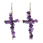 Natural Amethyst Cross Dangle Earrings, with Alloy and Brass Wire Jewelry for Women, Golden, 83x35.5mm(EJEW-Z071-01G-03)