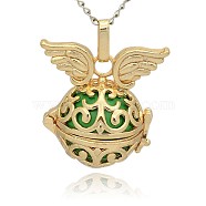 Golden Tone Brass Hollow Round Cage Pendants, with No Hole Spray Painted Brass Round Ball Beads, Round with Wing, Lime Green, 31x30x21mm, Hole: 3x8mm(KK-J233-08G)