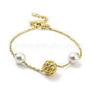 Real 18K Gold Plated Brass & Plastic Imitation Pearl Beaded Bracelet, with Ion Plating(IP) 304 Stainless Steel Chains, Long-Lasting Plated, Round, 7-3/8 inch(18.8cm)(BJEW-D030-04C-G)