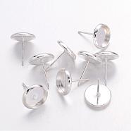 Brass Stud Earring Settings, Silver Color Plated, Tray: 8mm, 13.5x10mm, Pin: 0.7mm(IFIN-Q006-S)