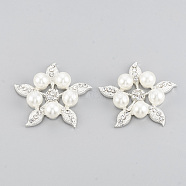 Alloy Rhinestone Flat Back Cabochons, with ABS Plastic Imitation Pearl, Flower, Silver Color Plated, 36x38x9mm(RB-S048-18S)