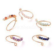 Natural Gemstone Round Beaded Open Cuff Ring, Light Gold Copper Wire Wrap Jewelry for Women, US Size 10 3/4(20.3mm)(RJEW-JR00528)