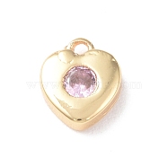 Brass Charms, with Glass, Heart Charm, Real 18K Gold Plated, Lilac, 8x7x2.5mm, Hole: 1mm(KK-I702-27A)
