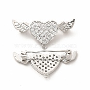 Brass Micro Pave Clear Cubic Zirconia Brooch Findings, with Loops, Heart with Angel Wing, Platinum, 34x16x6.5mm, Hole: 1.2mm(JEWB-M025-02P)