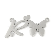 Non-Tarnish 304 Stainless Steel Pendants, Letter & Butterfly Charms, Letter R, 12.5x25x0.9mm, Hole: 1.2mm(STAS-L279-002P-R)