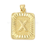 Rack Plating Brass Pendants, Long-Lasting Plated, Lead Free & Cadmium Free, Square with Letter Charms, Letter X, 24x17x2.5mm, Hole: 4x3.5mm(KK-B092-42G-X)