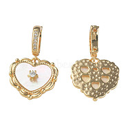 Brass Micro Pave Clear Cubic Zirconia Pendants, with Natural Shell, Nickel Free, Heart, Real 18K Gold Plated, 31mm, Hole: 6x9mm(KK-N233-217)