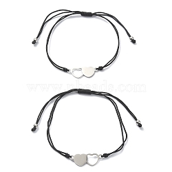 Friendship & Valentine's Day Theme Stainless Steel Interlocking Love Heart Link Bracelets Sets, Adjustable Nylon Thread Braided Bracelet, Black, 0.2cm, Inner Diameter: 2-3/8~3-3/8 inch(6~8.5cm), 2pcs/set(BJEW-JB09543)