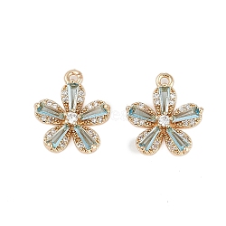 Rack Plating Brass Micro Pave Cubic Zirconia Pendants, with Glass, Cadmium Free & Lead Free, Flower Charms, Sky Blue, 16x13.5x4mm, Hole: 1.2mm(KK-C082-01G-02)