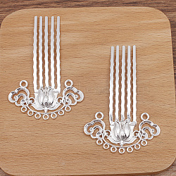 Flower Alloy Hair Comb Findings, with Iron Comb and Loop, Silver, 61x38mm(PW-WG61544-01)