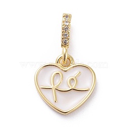 Cubic Zirconia Charms, with Brass Findings and Enamel, Heart, Golden, White, 12x11.5x2mm, Hole: 2x3.5mm(KK-G363-09G-04)