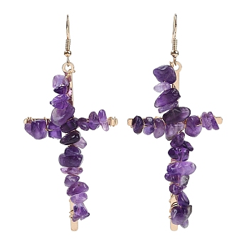 Natural Amethyst Cross Dangle Earrings, with Alloy and Brass Wire Jewelry for Women, Golden, 83x35.5mm