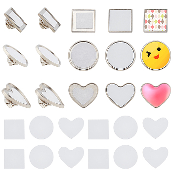 9 Sets 3 Style DIY Sublimation Blank Brooch Pin Making Kit, Including Zinc Alloy Brooch Base Settings & Cabochons, Flat Round & Heart & Square, Mixed Color, 17~24.5x1.5mm, Tray: 17.5~22.5mm, Pin: 1.2~1.5mm, 3 Sets/style