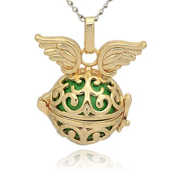 Golden Tone Brass Hollow Round Cage Pendants, with No Hole Spray Painted Brass Round Ball Beads, Round with Wing, Lime Green, 31x30x21mm, Hole: 3x8mm