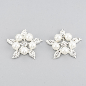 Alloy Rhinestone Flat Back Cabochons, with ABS Plastic Imitation Pearl, Flower, Silver Color Plated, 36x38x9mm