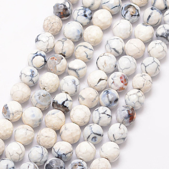 Natural Fire Crackle Agate Bead Strands, Round, Grade A, Faceted, Dyed & Heated, White, 8mm, Hole: 1mm, about 47pcs/strand, 15 inch