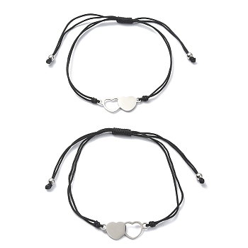 Friendship & Valentine's Day Theme Stainless Steel Interlocking Love Heart Link Bracelets Sets, Adjustable Nylon Thread Braided Bracelet, Black, 0.2cm, Inner Diameter: 2-3/8~3-3/8 inch(6~8.5cm), 2pcs/set