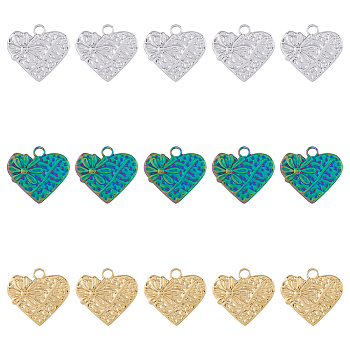 18Pcs 3 Colors 304 Stainless Steel Pendants, Heart with Flower, Mixed Color, 18.5x20x2mm, Hole: 2.5mm, 6pcs/color