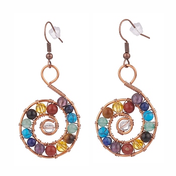 Gemstone Dangle Earrings, with 316 Surgical Stainless Steel Earring Hooks, Resin Imitation Amber Beads and Copper Wire, Flat Round, Rose Gold, 55mm, Pin: 0.7mm