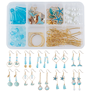 SUNNYCLUE DIY Ocean Theme Dangle Earring Making Kits, Including Glass Beads, Alloy Pendants, Brass Linking Rings & Cable Chain & Pins & Jump Rings, Golden, 12x6x6mm, Hole: 2mm