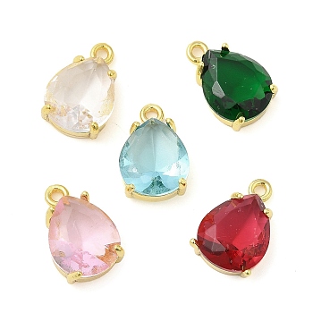 Glass Pendants, with Real 18K Gold Plated Brass Findings, Faceted Teardrop Charms, Lead Free & Cadmium Free, Long-Lasting Plated, Mixed Color, 15x10x5.5mm, Hole: 1.5mm