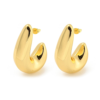 Rack Plating Brass Stud Earrings, Long-Lasting Plated, Lead Free & Cadmium Free, C-shape, Real 18K Gold Plated, 43x16.5mm