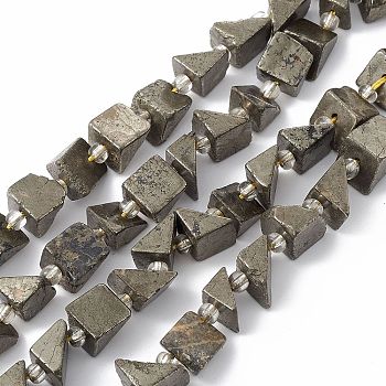 Natural Pyrite Beads Strands, with Seed Beads, Triangle, 8.5~9x7~8.5x8.5~9.5mm, Hole: 1mm, about 18pcs/strand, 7.09''(18cm)