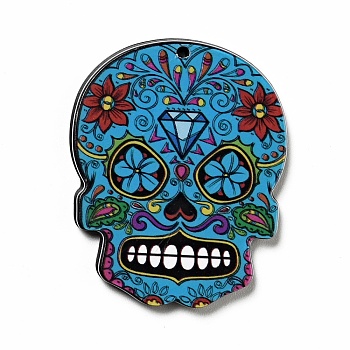 Halloween Acrylic Pendants, Skull, Deep Sky Blue, 38.5x31x2.5mm, Hole: 1.6mm