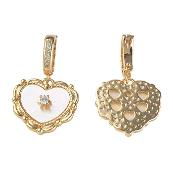 Brass Micro Pave Clear Cubic Zirconia Pendants, with Natural Shell, Nickel Free, Heart, Real 18K Gold Plated, 31mm, Hole: 6x9mm