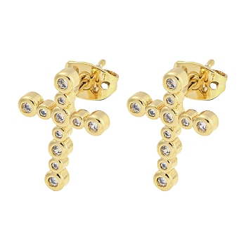Brass Micro Pave Cubic Zirconia Ear Studs, Cross, Real 18K Gold Plated, 15.5x11.5mm