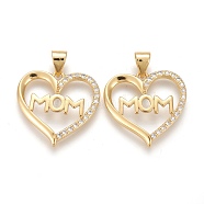 Brass Micro Pave Clear Cubic Zirconia Pendants, Long-Lasting Plated, with Snap On Bails, for Mother's Day, Heart with Word Mom, Golden, 18.5x19x2mm, Hole: 4.5~3.5mm(ZIRC-Z005-06)