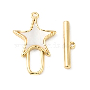 Brass Toggle Clasps, with Shell, Star, Real 18K Gold Plated, Star: 22x14.5x2.5mm, Hole: 1.2mm, Bar: 17x4x2mm, Hole: 1.2mm(KK-P234-74G)