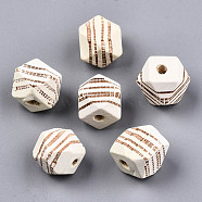 Painted Natural Wood Beads, Laser Engraved Pattern, Faceted, Polygon with Zebra-Stripe, Light Yellow, 12x12x12mm, Hole: 3mm(WOOD-T021-52B-12)