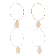 2 Pairs 2 Colors Natural Shell Dangle Big Hoop Earrings, Alloy Basketball Wives Earrings for Women, Platinum & Light Gold, 63~66mm, Pin: 0.8mm, 1 Pair/color(EJEW-FI0001-19)