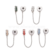 304 Stainless Steel Heart Safety Chain Clip Lock Stopper Charms, European Clasps, with Rhinestone, Stainless Steel Color, for European Charm Bracelets, Mixed Color, 82mm, Hole: 3.5mm(STAS-C047-07P)