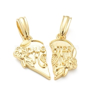 Brass Pendants, Long-Lasting Plated, Separate Heart with Flower & Word DAUGHTER, Real 18K Gold Plated, 18x19x2.5mm, Hole: 3.5x4.5mm(KK-J278-38G)