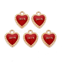 Alloy Enamel Pendants, Heart, with Word LOVE, for Valentine's Day, Light Gold, FireBrick, 16x13x3mm, Hole: 2mm(ENAM-S121-038D)