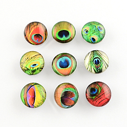 Brass Glass Cabochons Buttons, Jewelry Snap Buttons, Flat Round with Pattern, Mixed Color, 10x18mm, Knob: 5~5.5mm(GLAA-S052-02M)