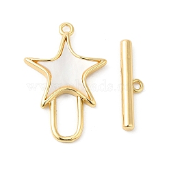 Brass Toggle Clasps, with Shell, Star, Real 18K Gold Plated, Star: 22x14.5x2.5mm, Hole: 1.2mm, Bar: 17x4x2mm, Hole: 1.2mm(KK-P234-74G)