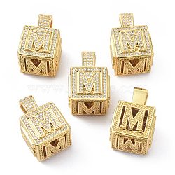 Alphabet Brass Micro Pave Clear Cubic Zirconia Pendants, Real 18K Gold Plated, Cube with Letter, Letter.M, 26x17x17mm, Hole: 5x8mm(ZIRC-O045-01G-M)
