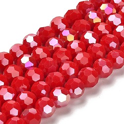 Opaque Glass Beads Stands, AB Color, Faceted(32 Facets), Round, Crimson, 8x7~7.5mm, Hole: 1.5mm, about 66pcs/strand, 18.82~19.06 inch(47.8~48.4cm)(EGLA-A035-P8mm-B16)