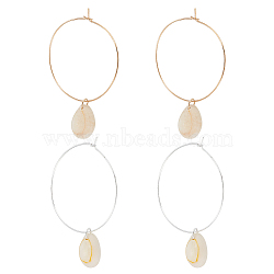 2 Pairs 2 Colors Natural Shell Dangle Big Hoop Earrings, Alloy Basketball Wives Earrings for Women, Platinum & Light Gold, 63~66mm, Pin: 0.8mm, 1 Pair/color(EJEW-FI0001-19)
