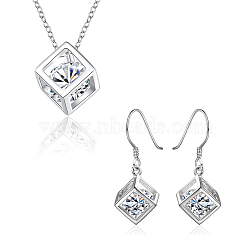 Brass Cubic Zirconia Jewelry Sets, Cube Pendant Necklaces and Dangle Earrings, Silver, 18 inch, 30x11mm(SJEW-BB18200)